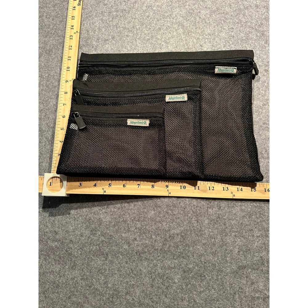 Magellan's Black Mesh Travel Pouch Set of 3 Zippered Organizer Bags Utility Case